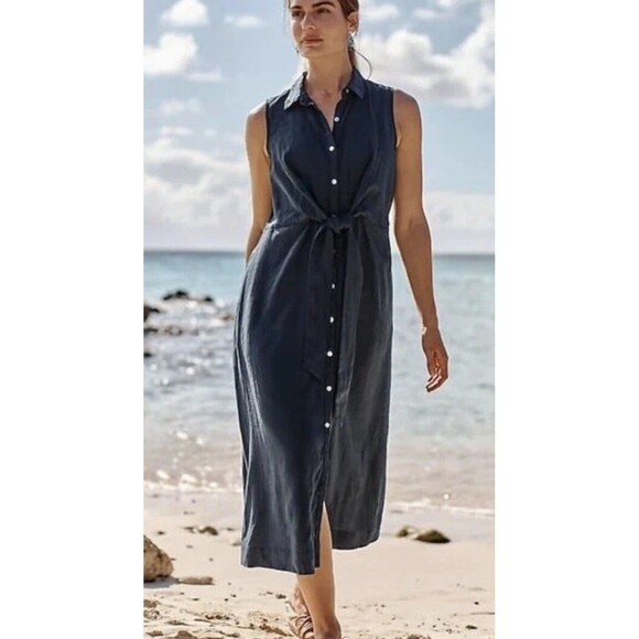 J. Jill Midi Shirt Dress, Navy Blue, Linen, Sleeveless, Tie Front, Sz LP - Picture 1 of 8